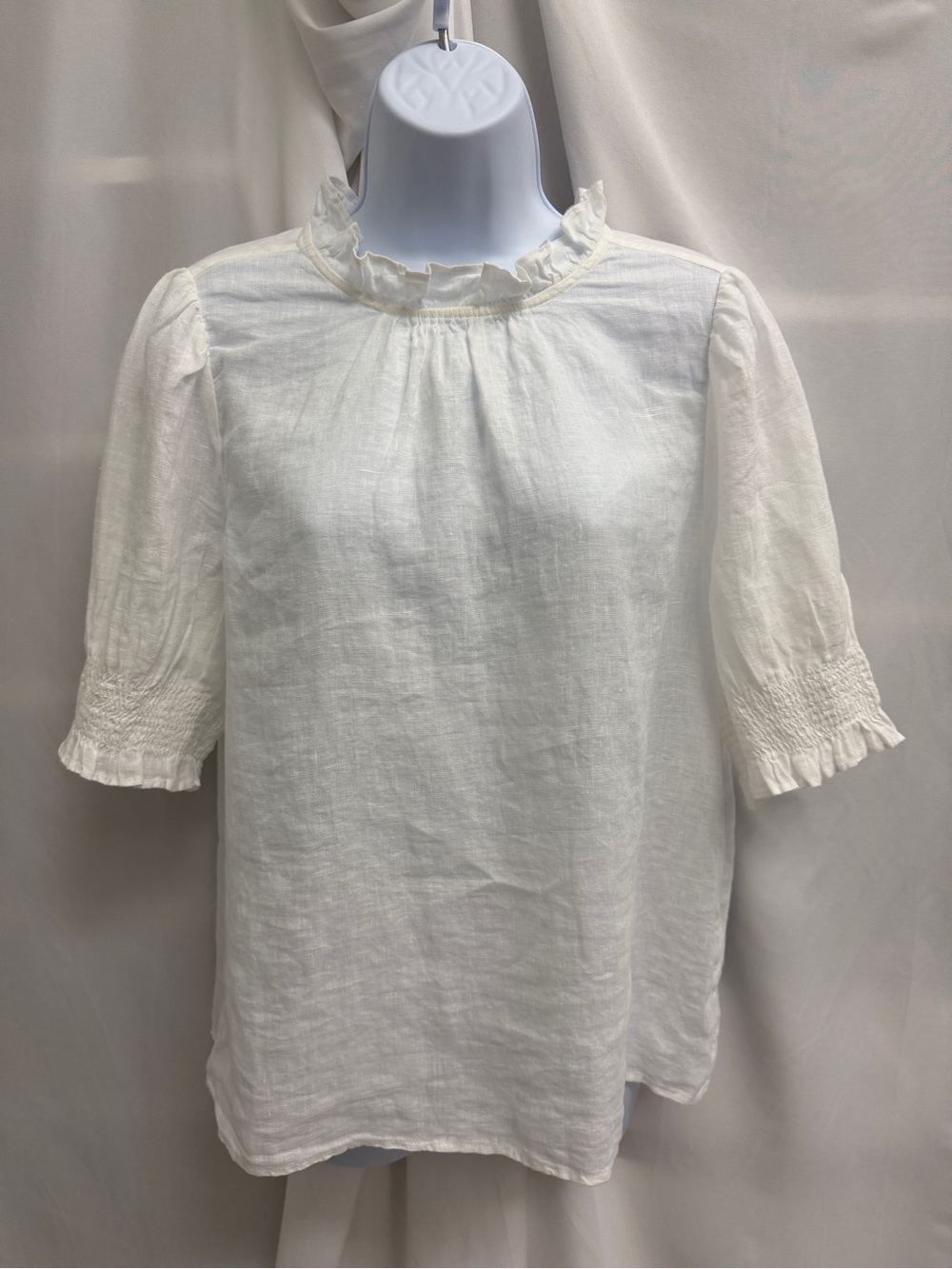 J.Crew White 100% Linen Smocked Puff Sleeve Ruffle Neck Blouse Top Cottagecore